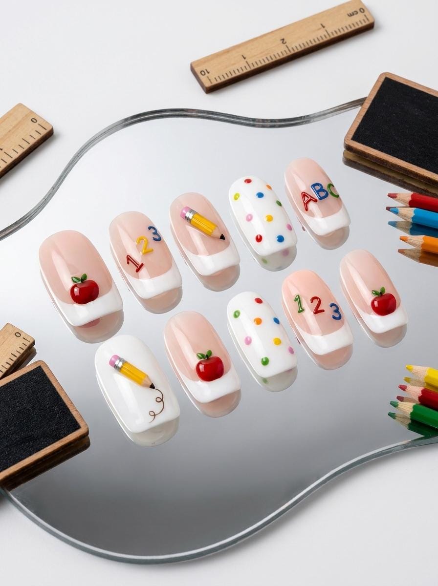Back-to-School French Tip Press-On Nails With 3D Apples, Pencils, ABCs and Polka Dots