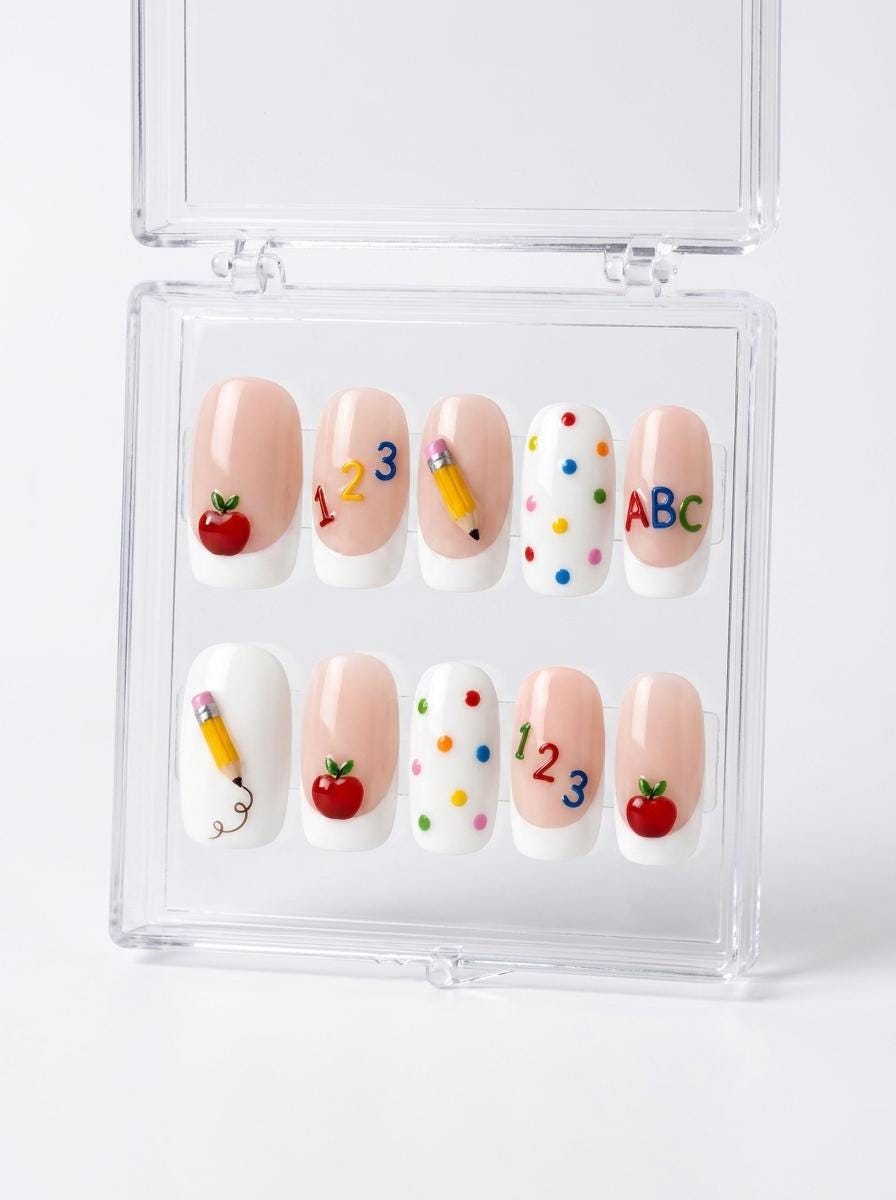 Back-to-School French Tip Press-On Nails With 3D Apples, Pencils, ABCs and Polka Dots