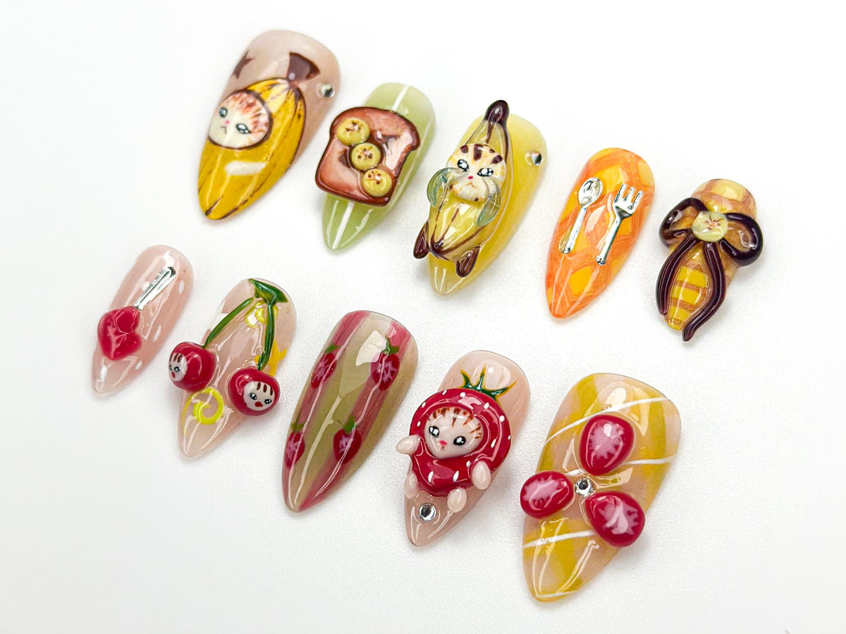 Banana Cat and Cherry Character Fruit Nail Set With 3D Details