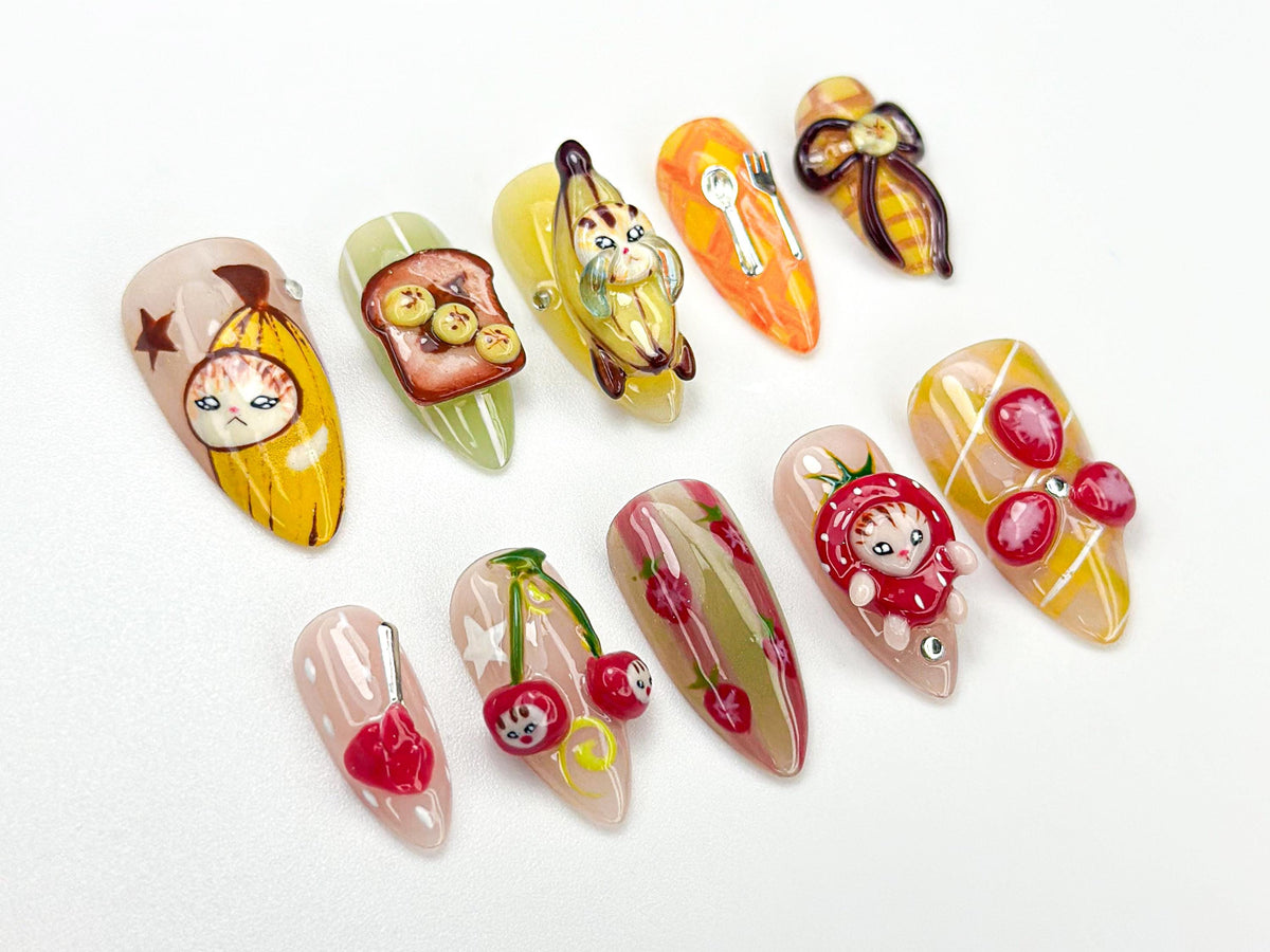 Banana Cat and Cherry Character Fruit Nail Set With 3D Details