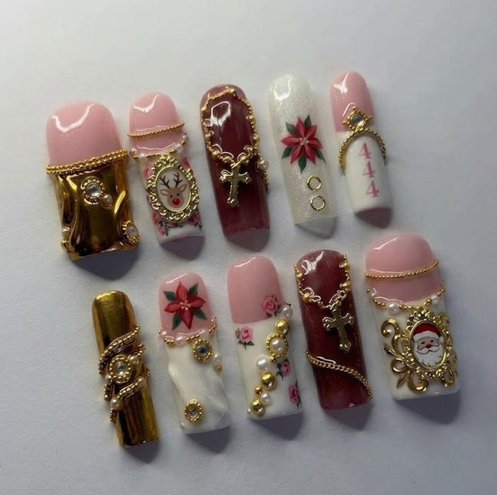 Baroque Christmas Press On Nails with Burgundy Crosses, Gold Cameos and Poinsettias