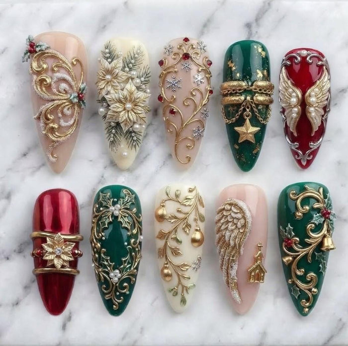 Baroque Christmas Press-On Nails with Gold Filigree, Floral Details and Charms