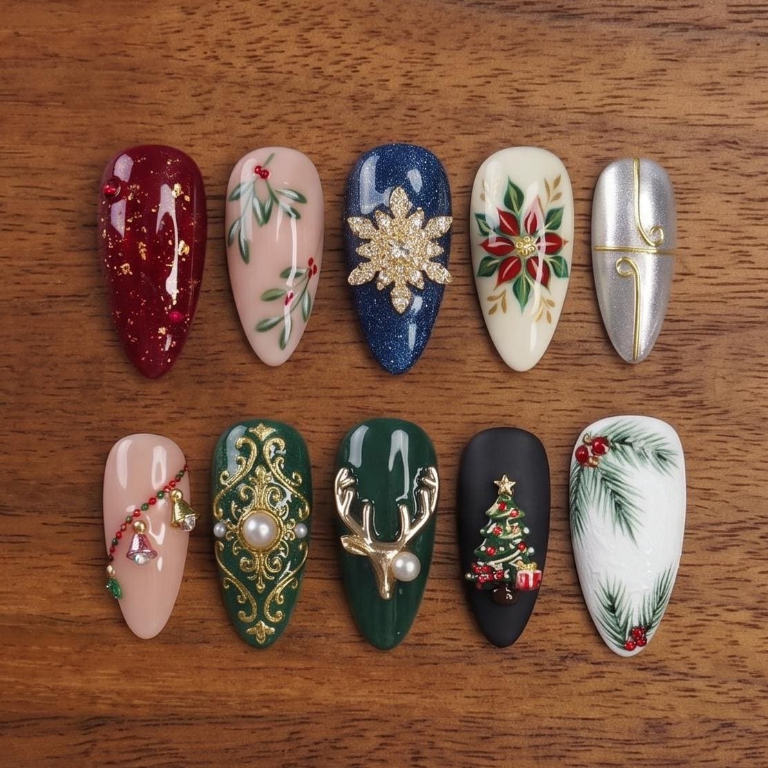 Baroque Christmas Press On Nails With Reindeer, Pearl, Gold Details and Holiday Art