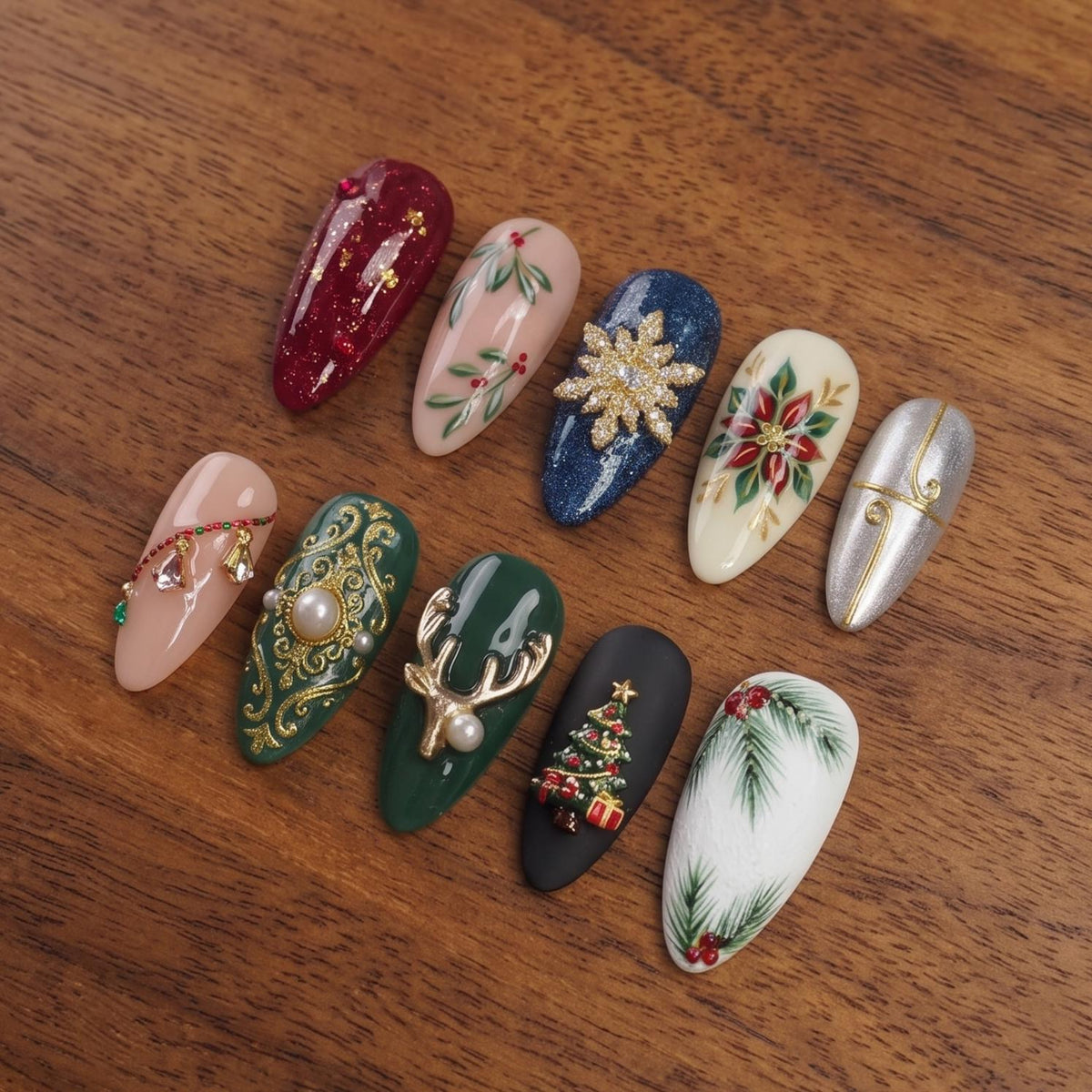 Baroque Christmas Press On Nails With Reindeer, Pearl, Gold Details and Holiday Art