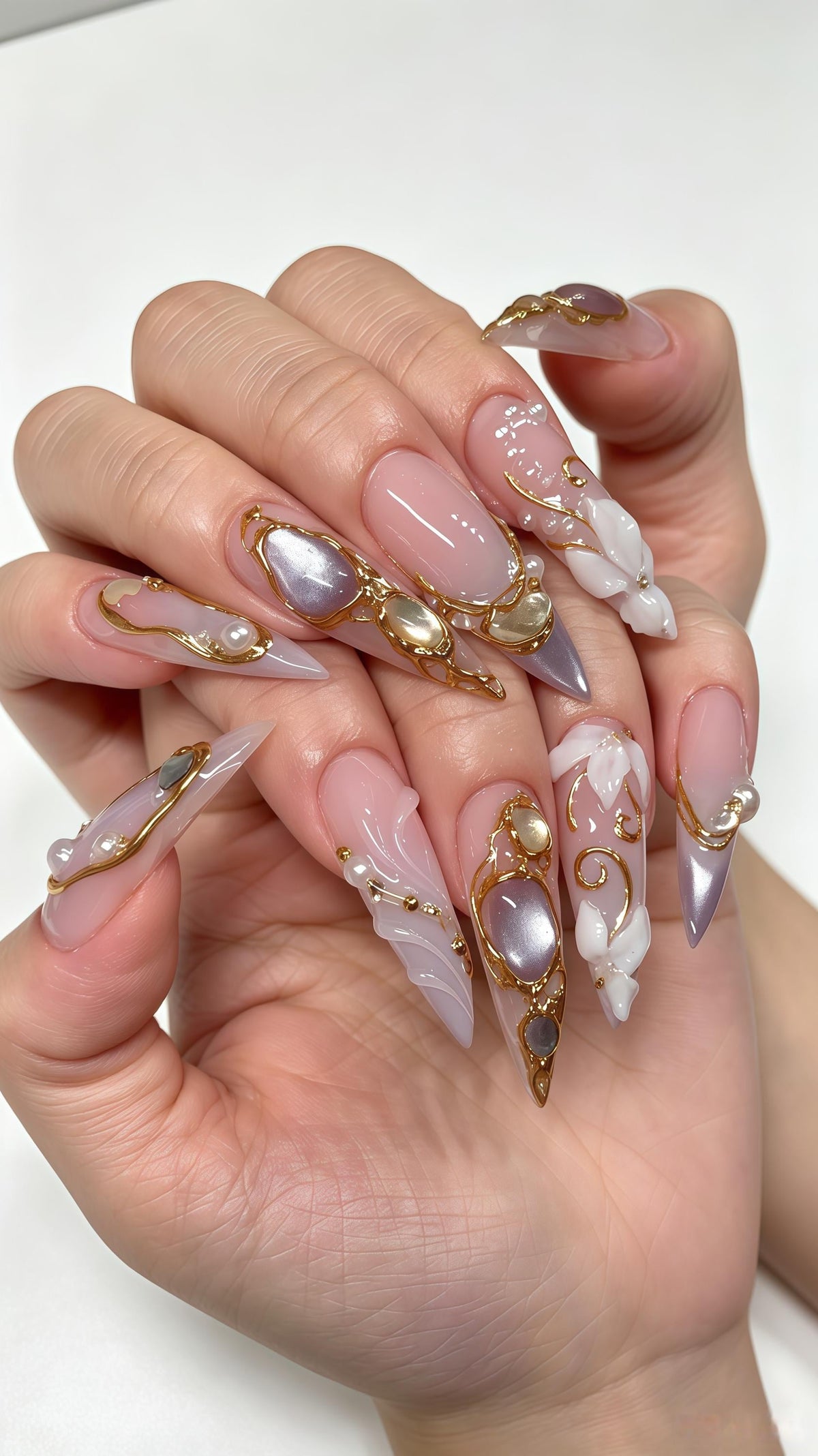 Baroque Gold Scrollwork and Pearl Floral Press On Nails for Weddings and Banquets