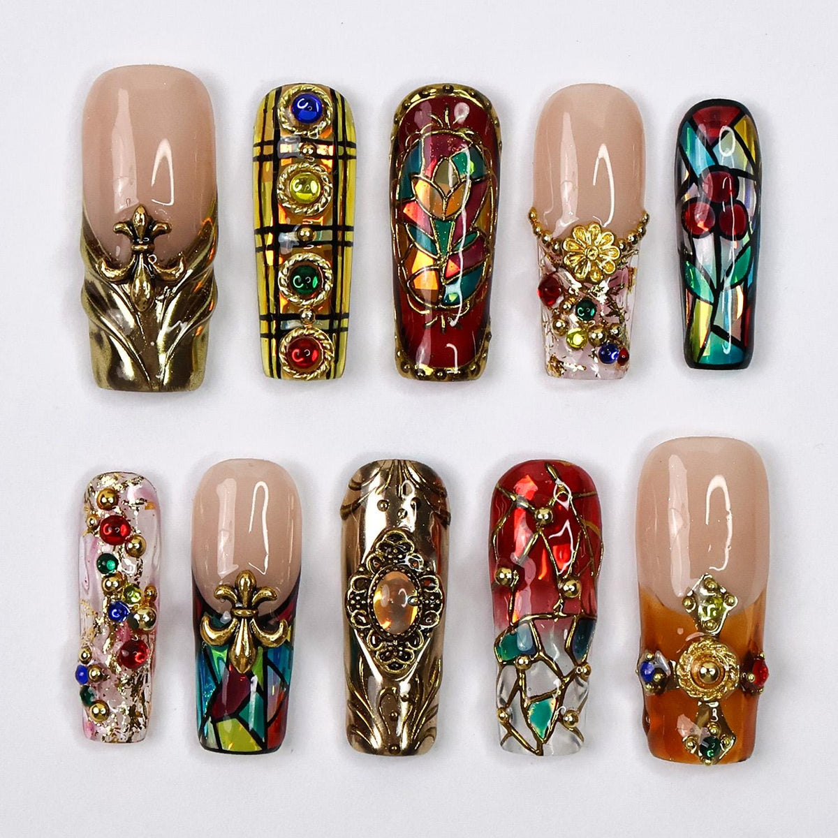 Baroque Stained Glass Press-On Nails with Gold Relief and Multicolored Rhinestones