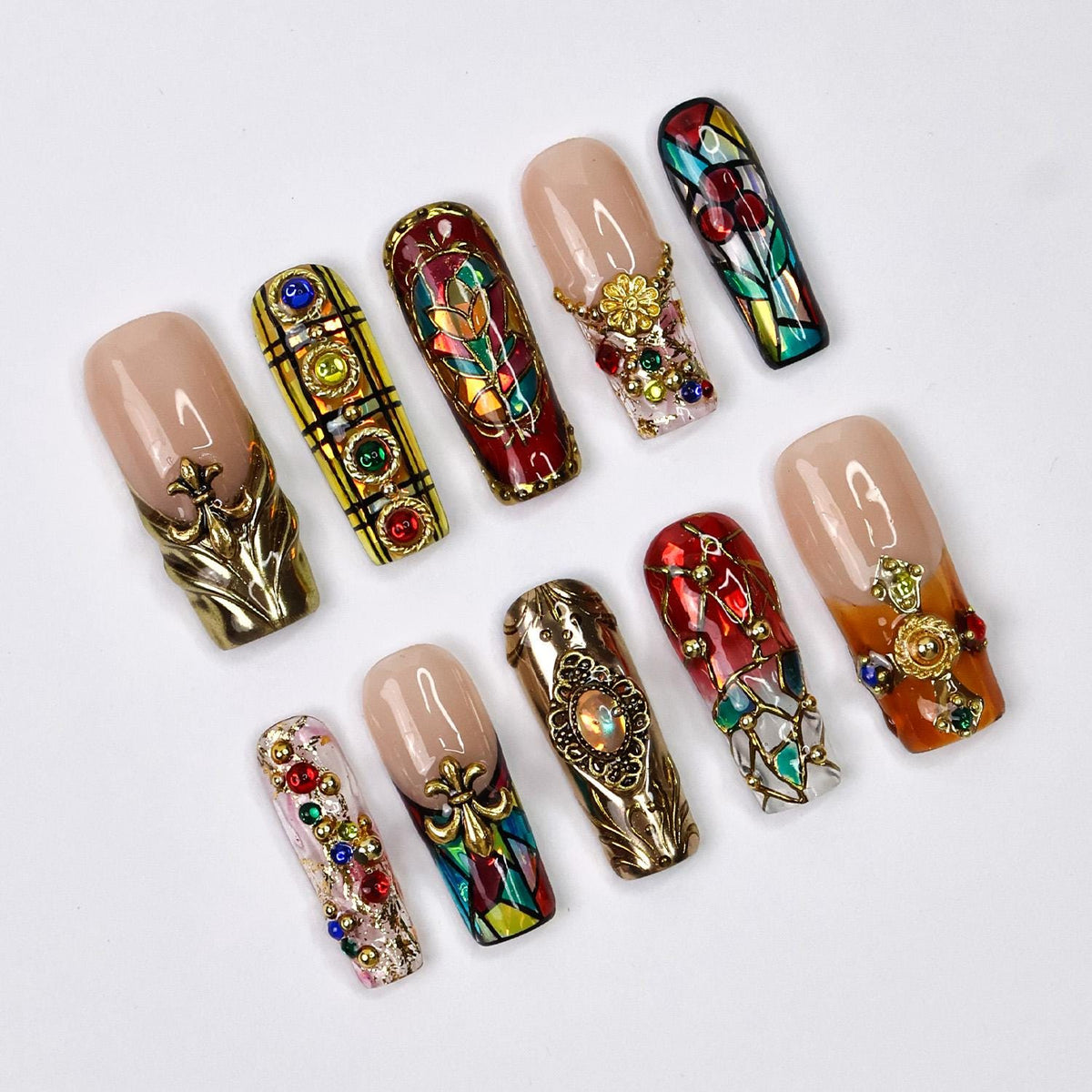 Baroque Stained Glass Press-On Nails with Gold Relief and Multicolored Rhinestones