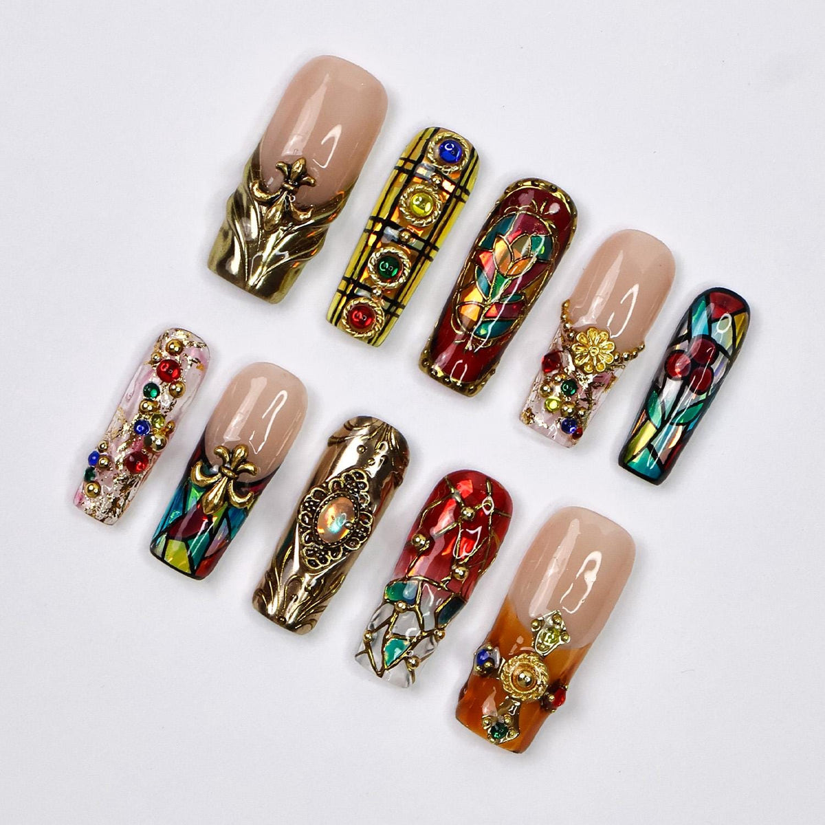 Baroque Stained Glass Press-On Nails with Gold Relief and Multicolored Rhinestones