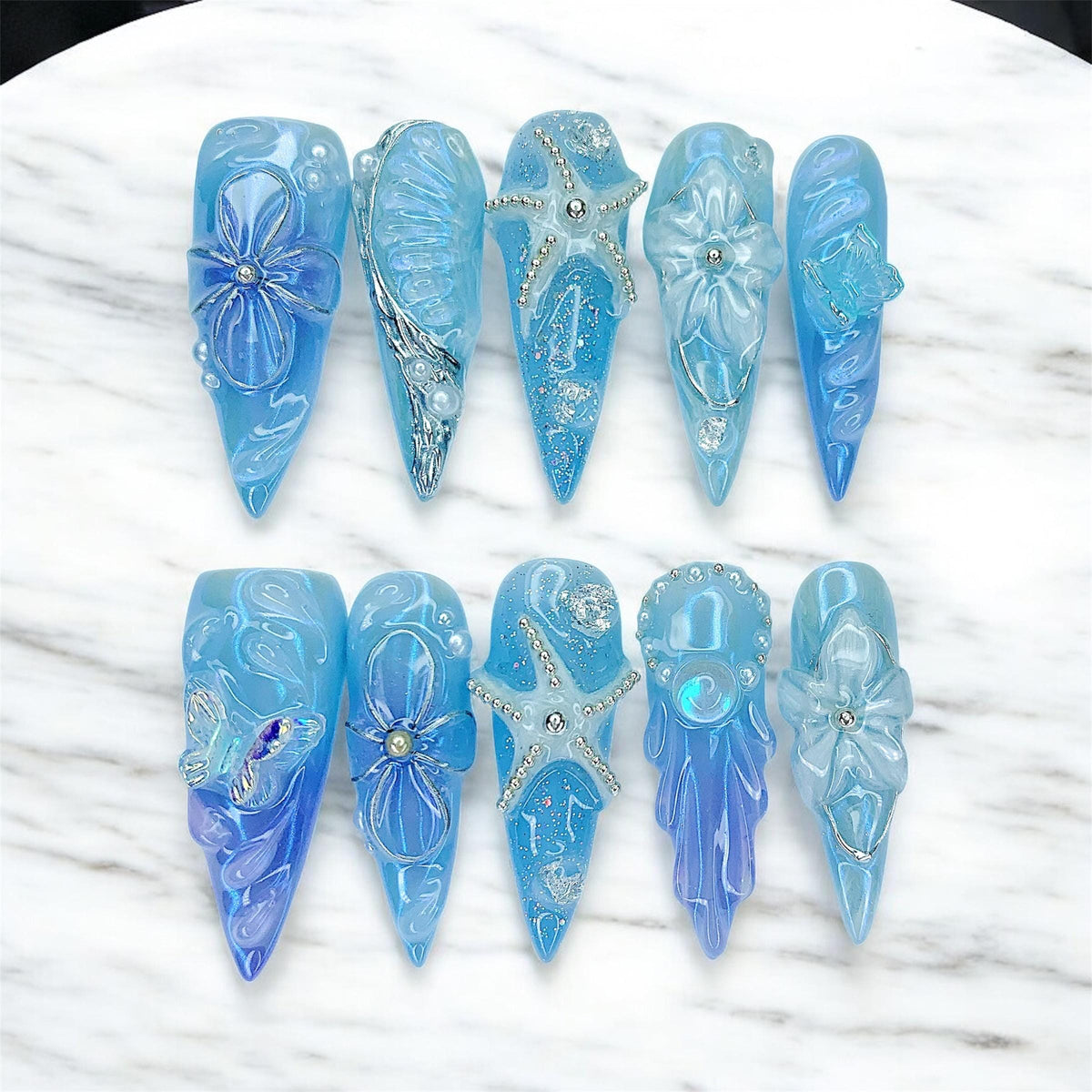 Beach Holiday Aqua Blue Mermaid Shell and Starfish 3D Charm Nail Set