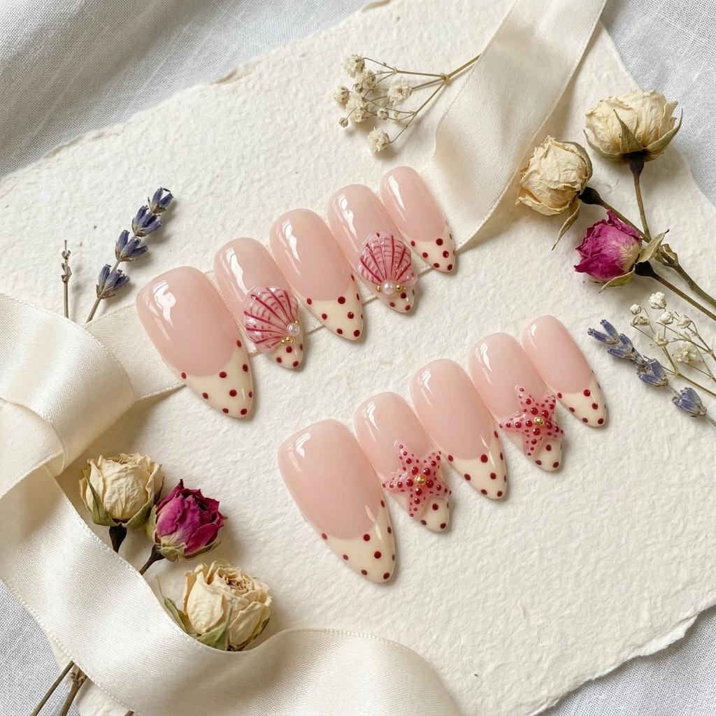 Beach Summer French Tip Nails With Burgundy Dots, Shells, Pearls & Starfish