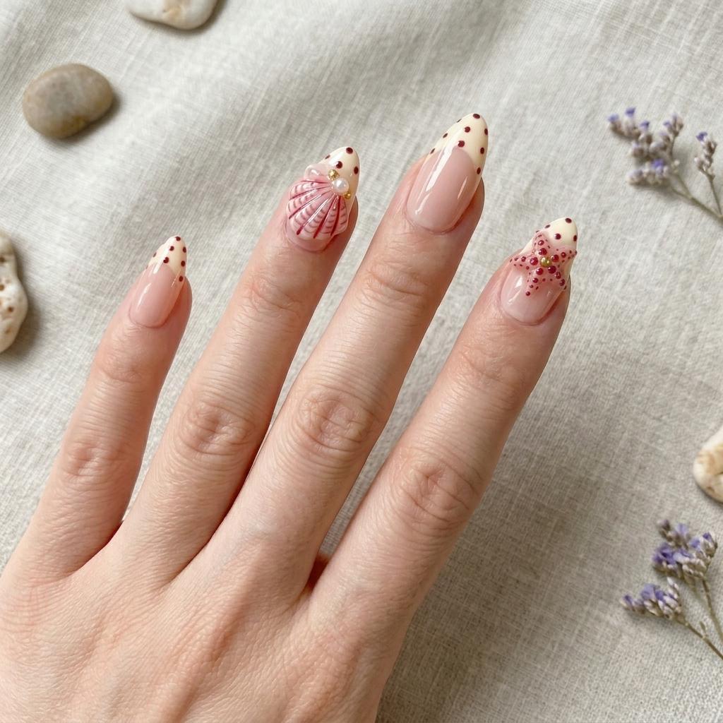 Beach Summer French Tip Nails With Burgundy Dots, Shells, Pearls & Starfish