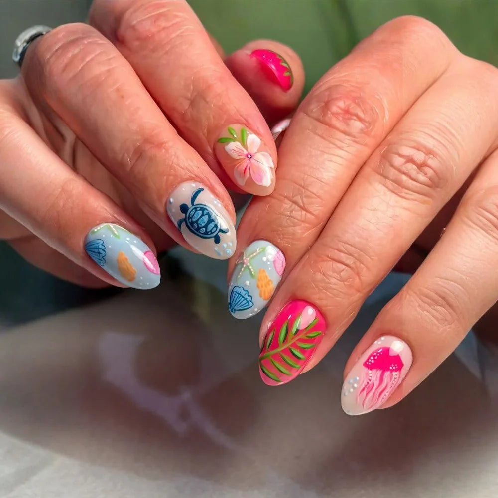 Beach-Themed Press On Nails with Turtle, Shell, Jellyfish, and Floral Art