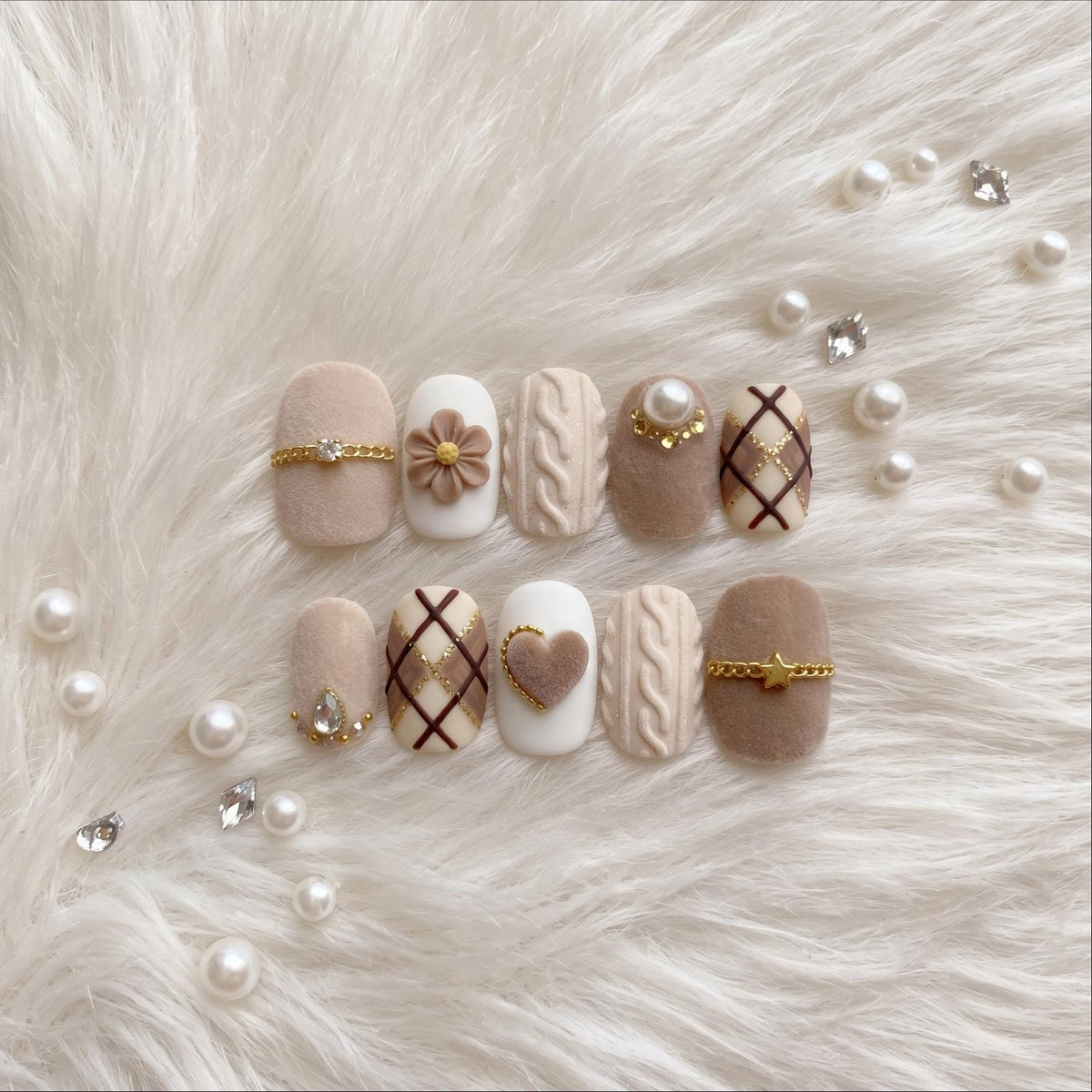 Beige Cable Knit and Plaid Heart Press On Nail Set with Gold Details