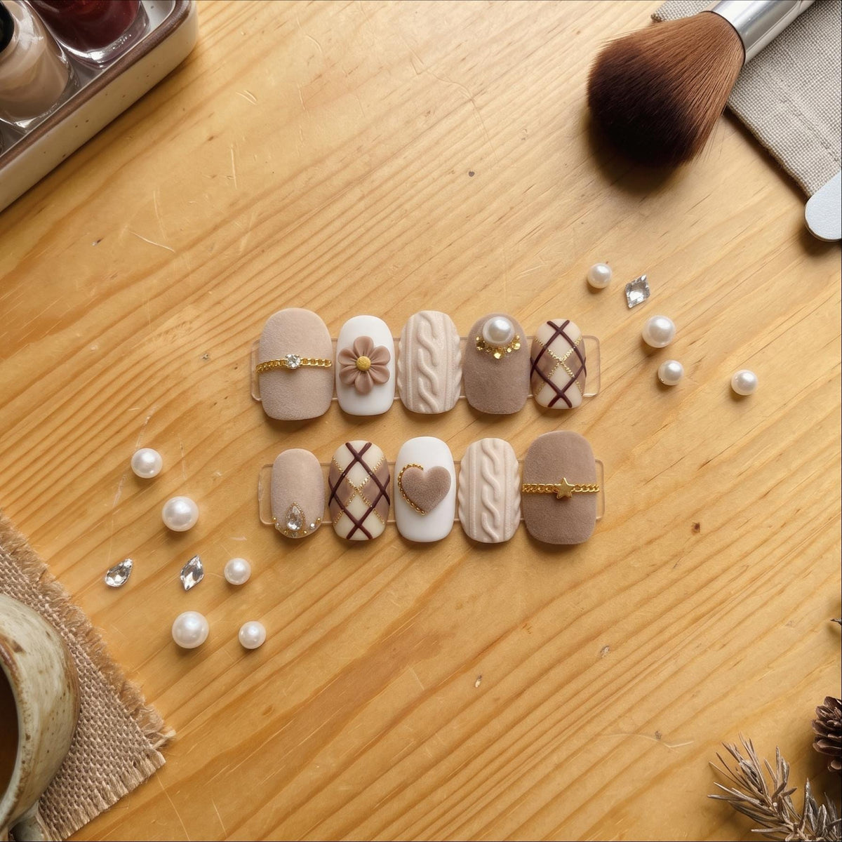 Beige Cable Knit and Plaid Heart Press On Nail Set with Gold Details