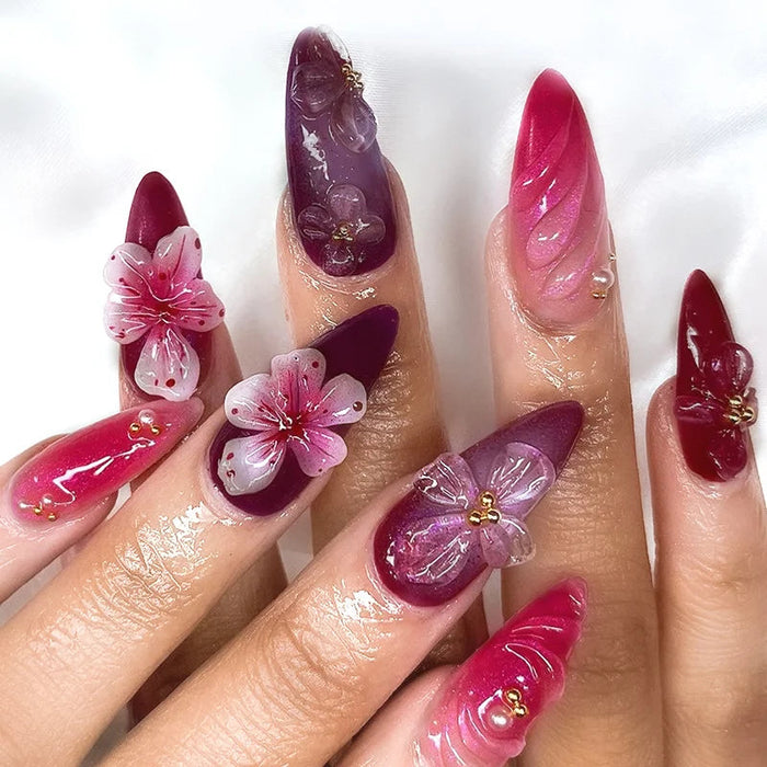 Berry and Burgundy 3D Flower Press On Nail Set with Pink and Gold Details