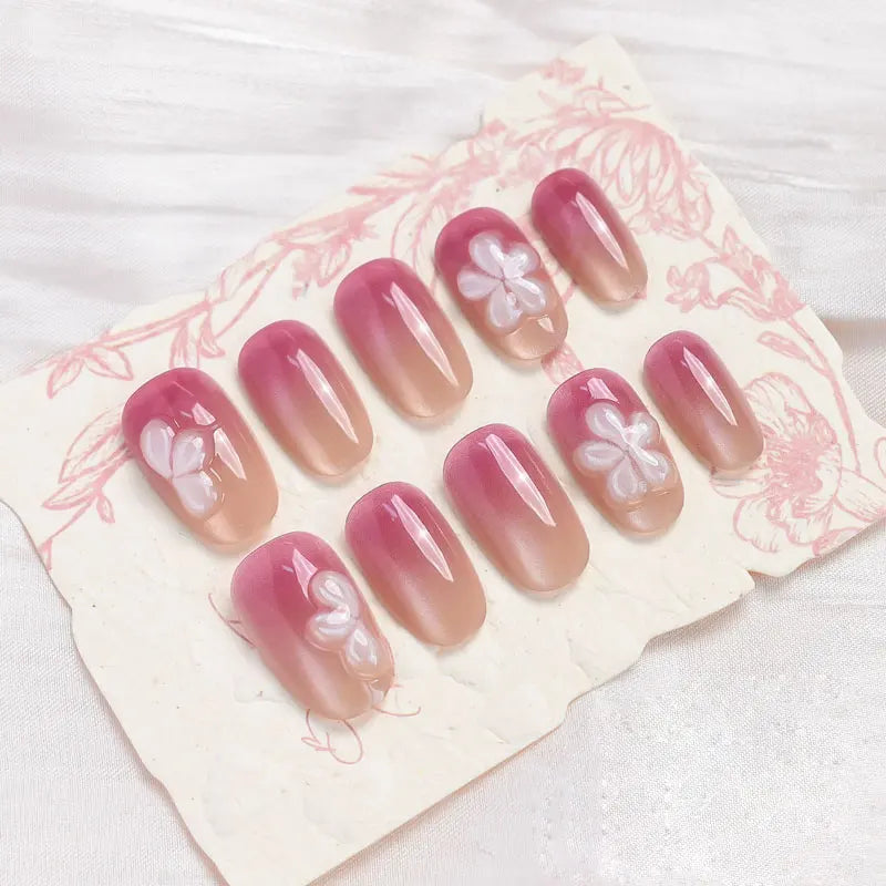 Berry Pink Cat Eye Gradient Nails With 3D White Flowers