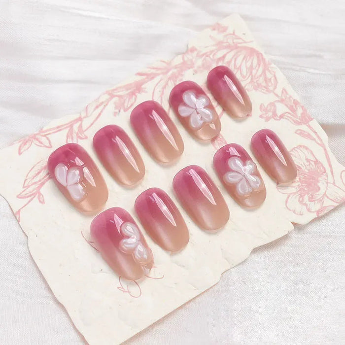 Berry Pink Cat Eye Gradient Press On Nails With 3D White Flowers