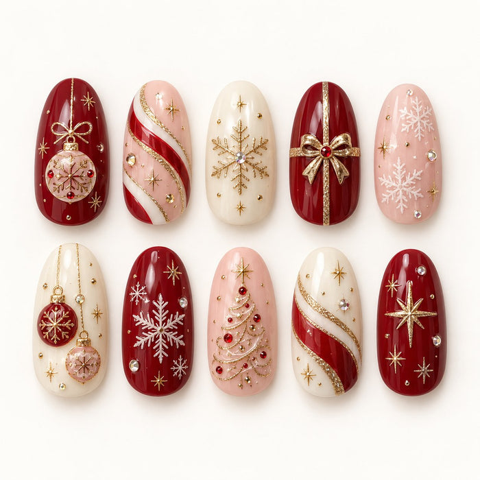 Berry Red, Blush Pink & Cream Christmas Ornament Nail Set