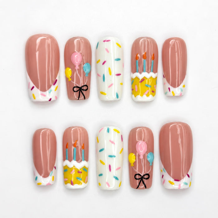 Birthday Cake and Balloon Press On Nails with Colorful Confetti