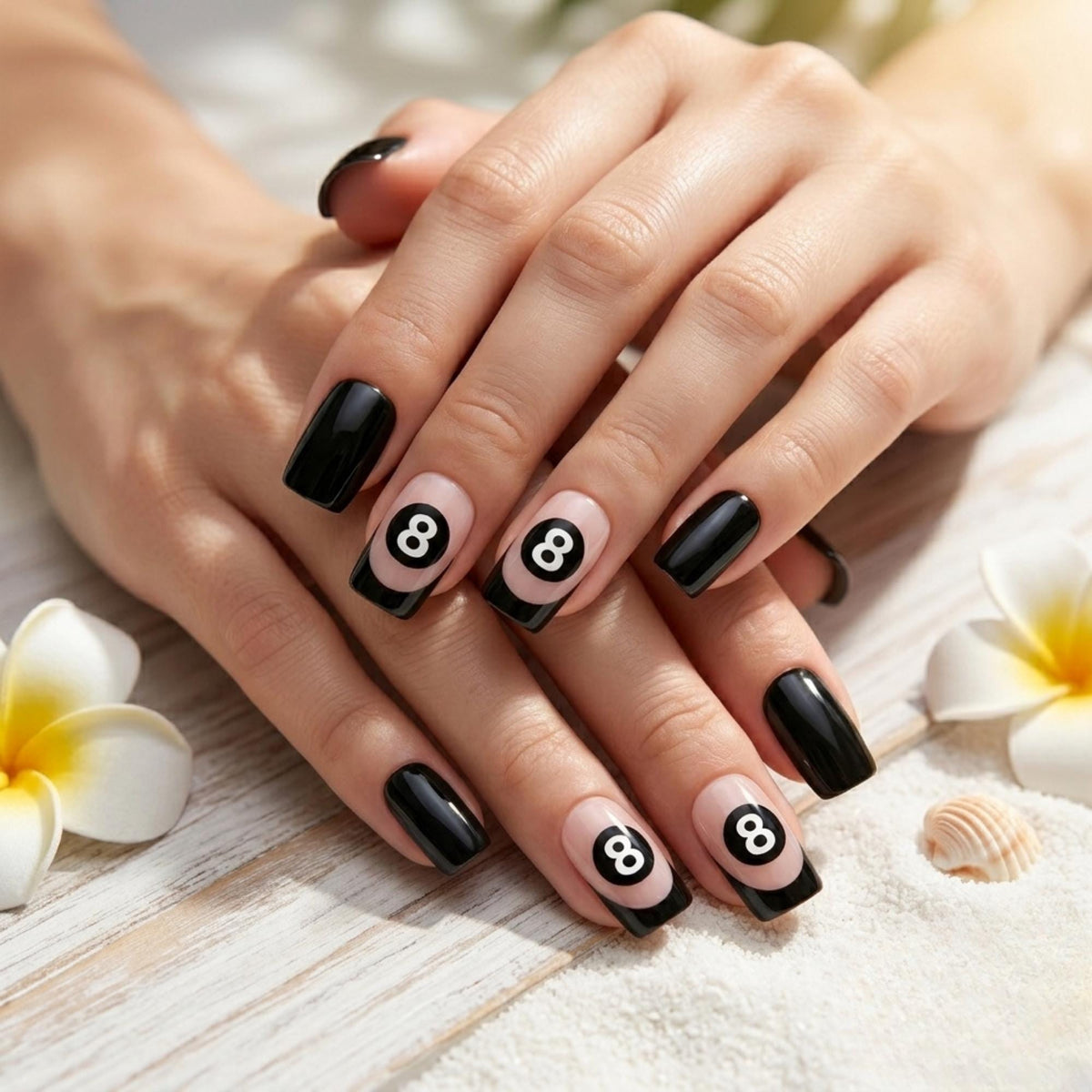 Black 8-Ball French Tip Press-On Nail Set