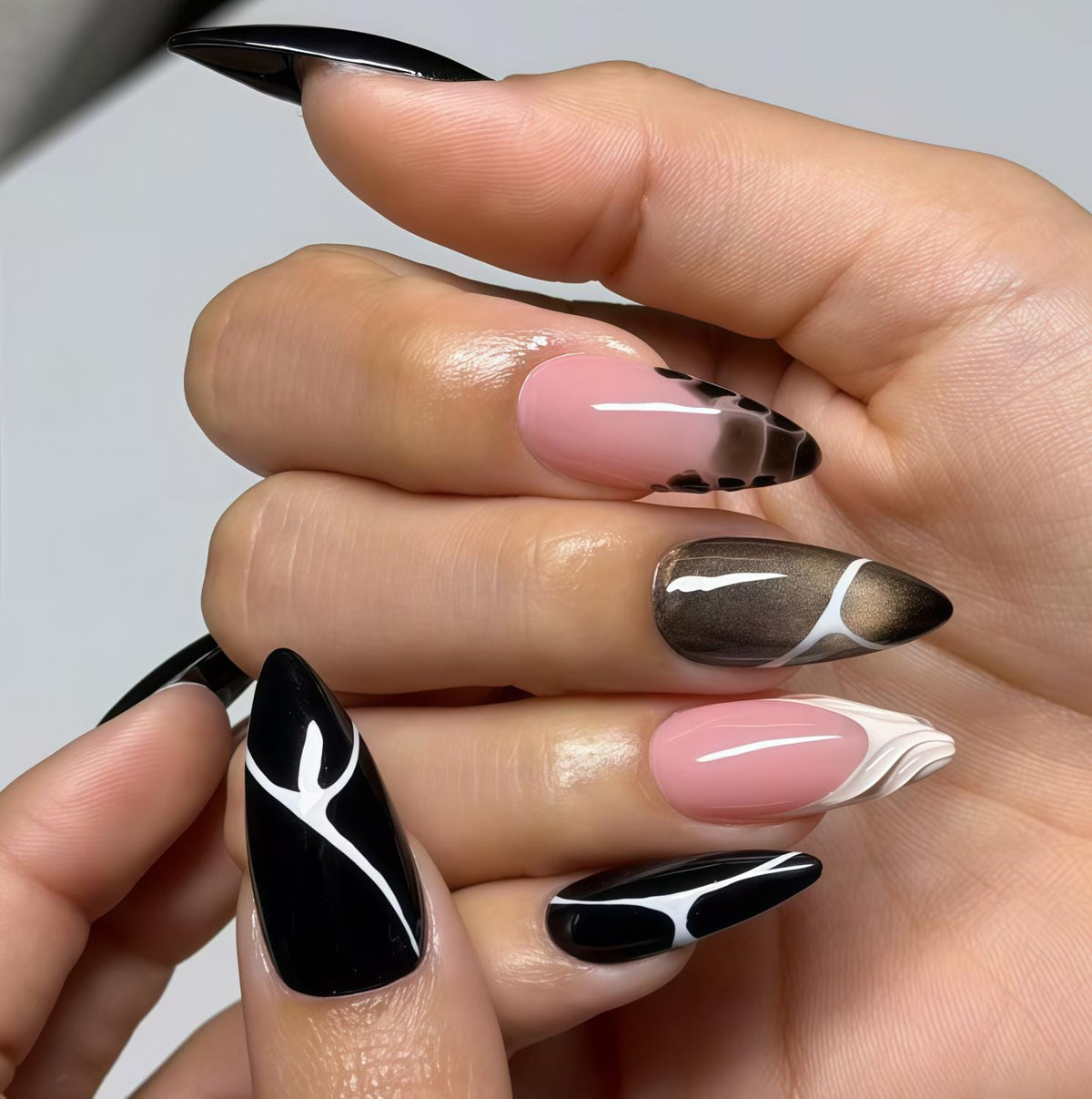 Black and Blush Pink Abstract Press-On Nails with Bronze-Gray Cat-Eye Accents