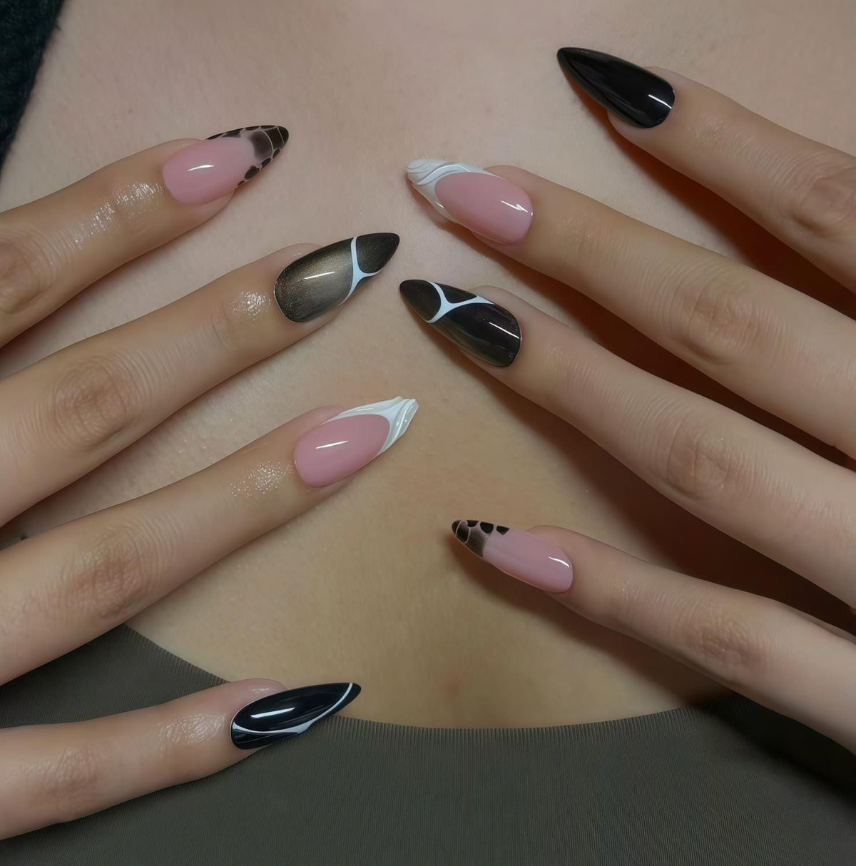 Black and Blush Pink Abstract Press-On Nails with Bronze-Gray Cat-Eye Accents