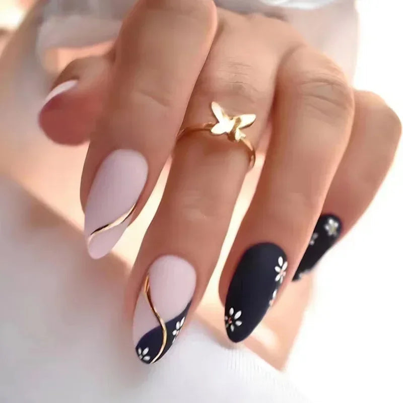 Black and Blush Pink Floral Nails with Curved Gold Lines
