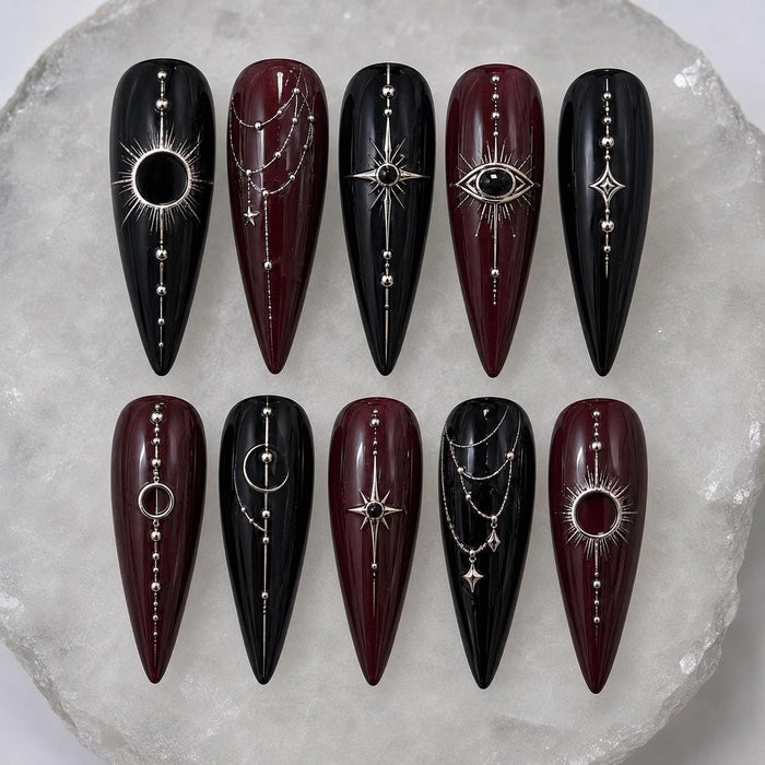 Black and Burgundy Celestial Eclipse and Evil Eye Press On Nail Set