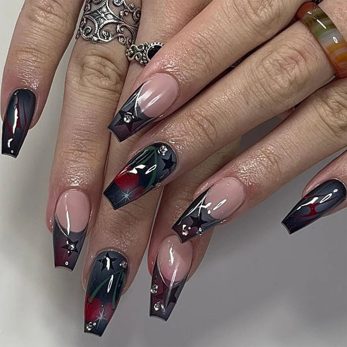 Black and Burgundy French Tip Cherry Aura Starburst Press On Nails