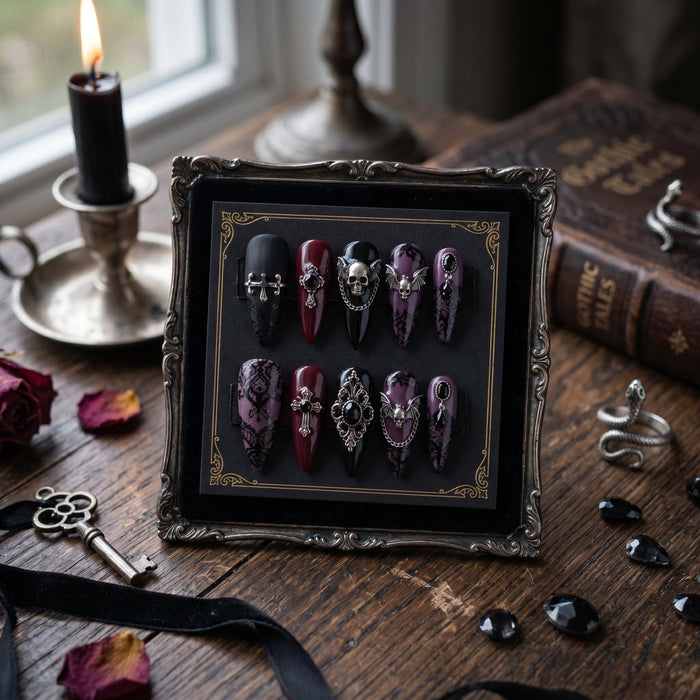 Black and Burgundy Gothic Press On Nails With Lace and Silver Skull Charms