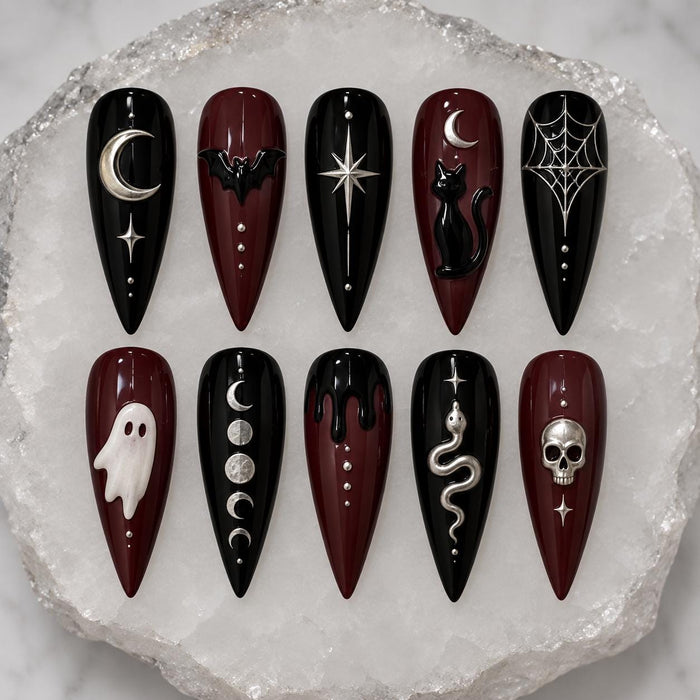 Black and Burgundy Gothic Press-On Nails with Celestial Motifs, Bat, Cat, Ghost and Snake