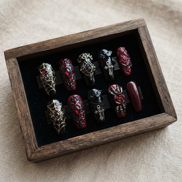 Black and Burgundy Gothic Rose, Spiderweb and Cross Charm Press On Nail Set