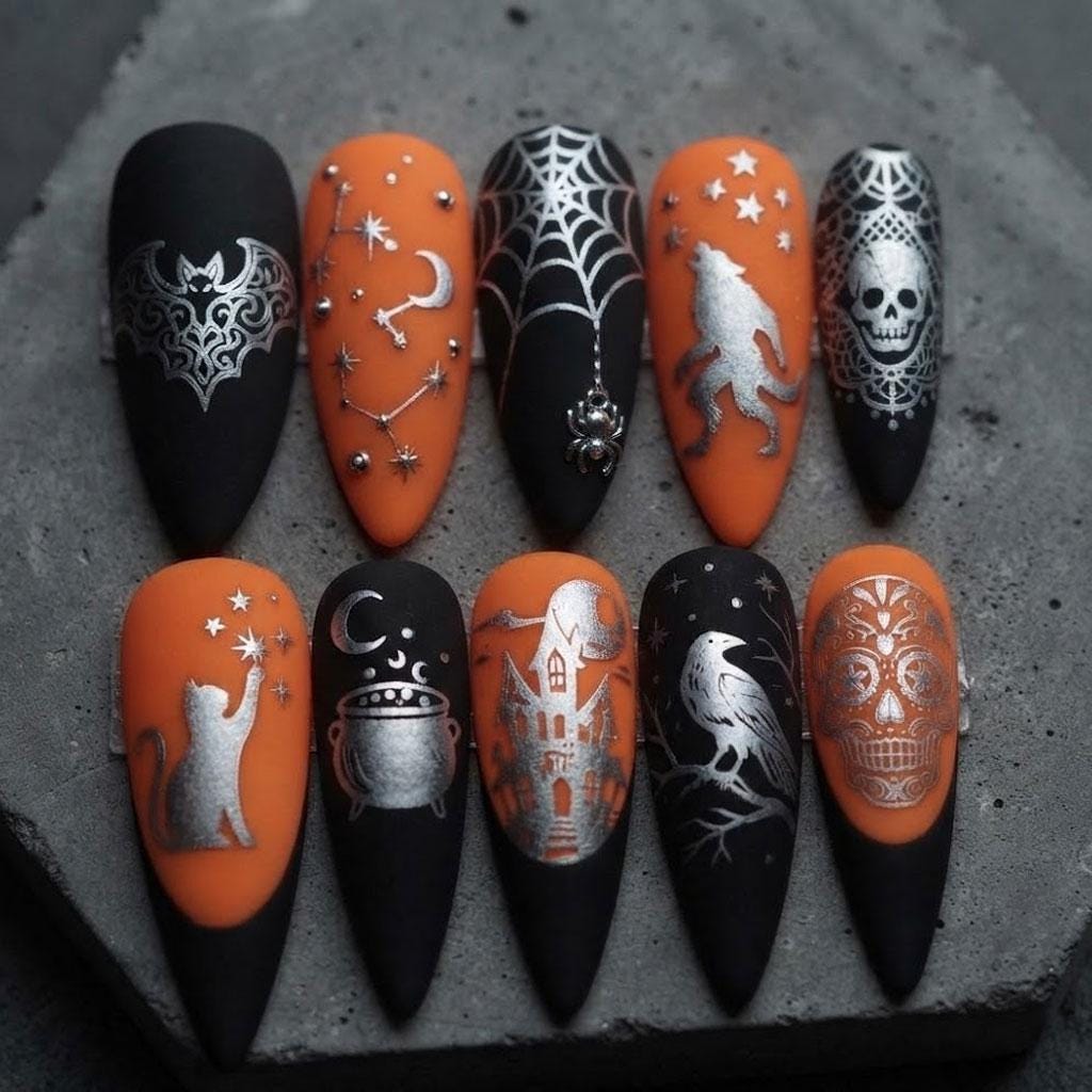 Black and Burnt Orange Gothic Halloween Nails with Silver Spooky Motifs