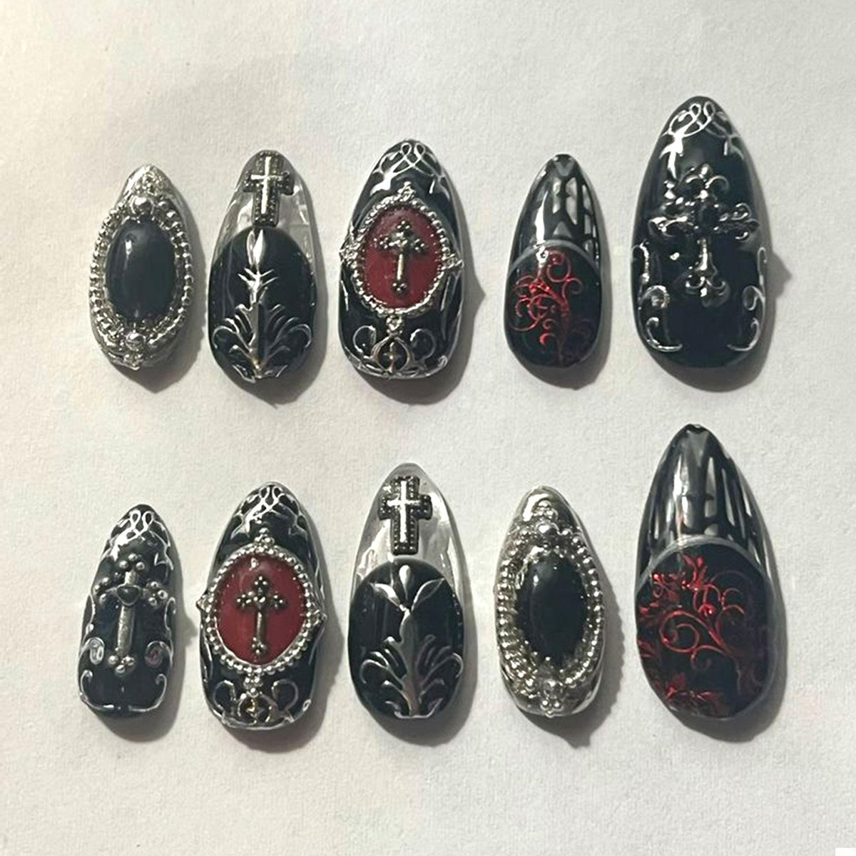 Black and Deep Red Gothic Cross Press On Nails With Silver Filigree