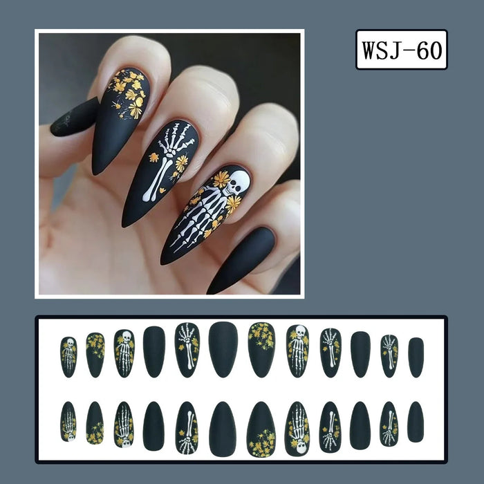 Black and Gold Botanical Skeleton Halloween Press On Nail Set