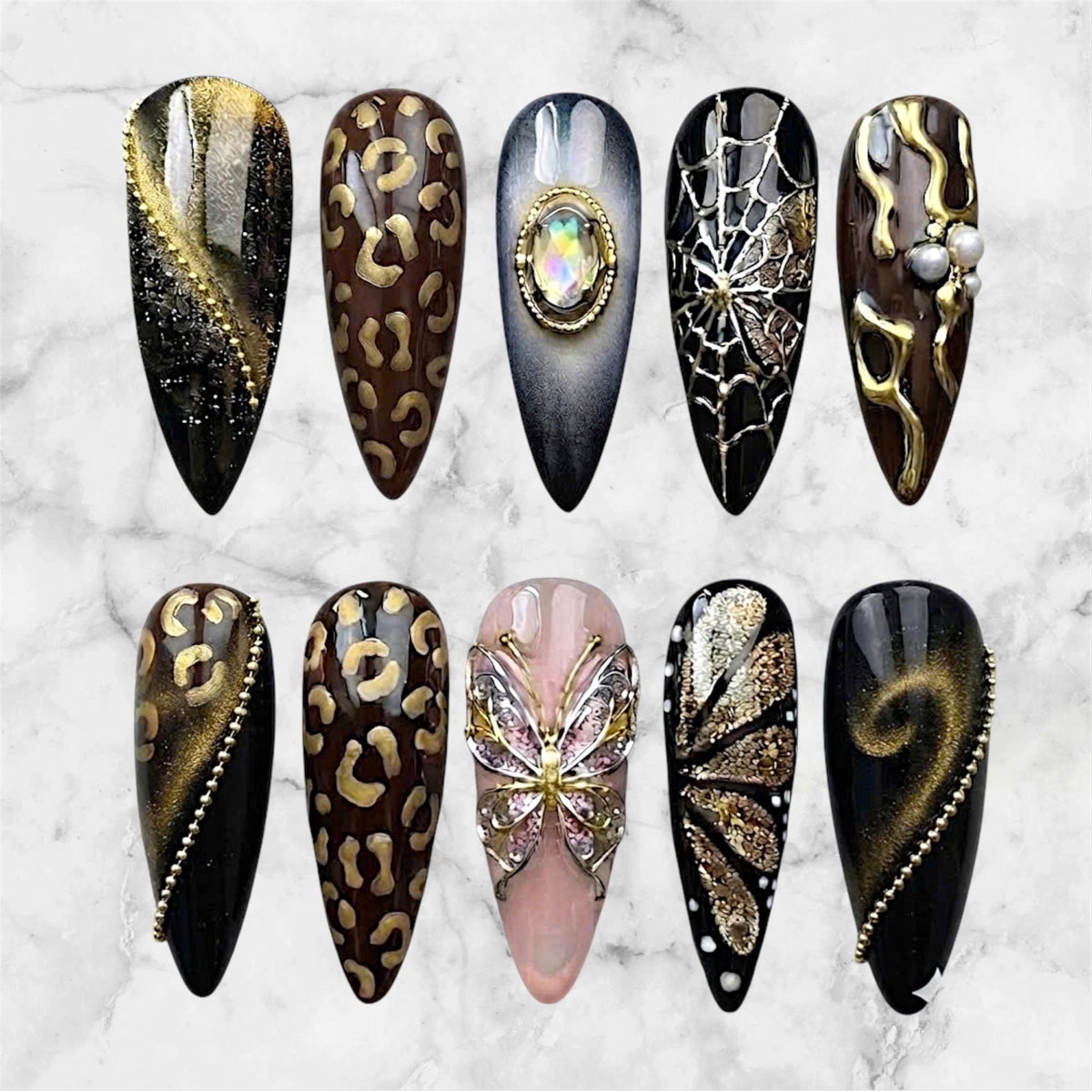 Black and Gold Cat-Eye Leopard Press-On Nail Set with Spiderweb and Jeweled Butterfly