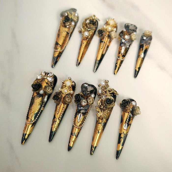 Black and Gold Gothic Rose Pearl Press On Nail Set With 3D Stone Details