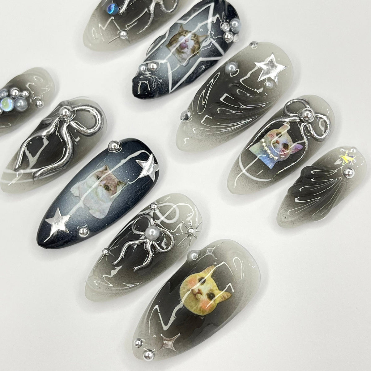 Black and Gray Cat Aura Nails with Celestial Linework, Silver Bows and Rhinestones