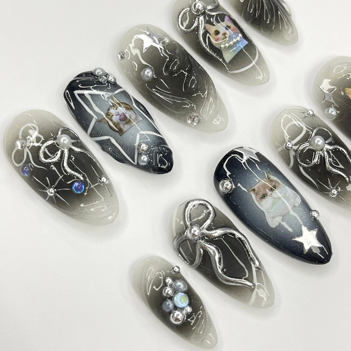Black and Gray Cat Aura Nails with Celestial Linework, Silver Bows and Rhinestones