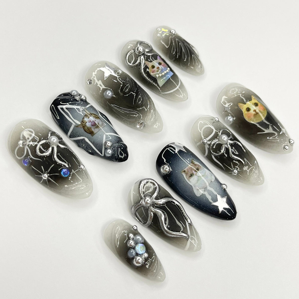 Black and Gray Cat Aura Nails with Celestial Linework, Silver Bows and Rhinestones
