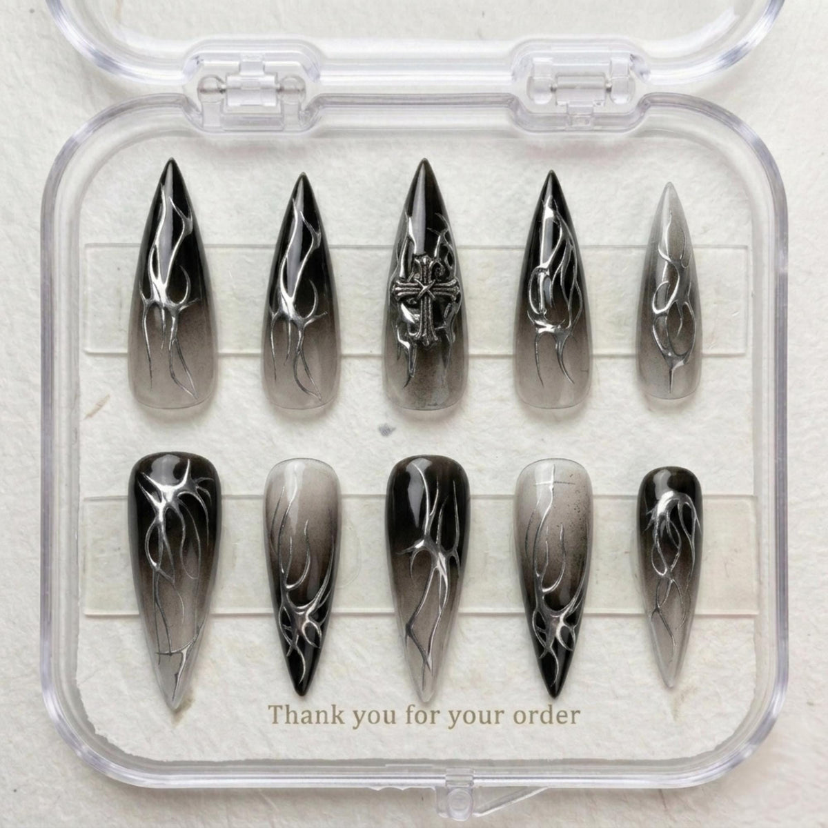 Black and Gray Smoky Ombre Chrome Cross Nail Set