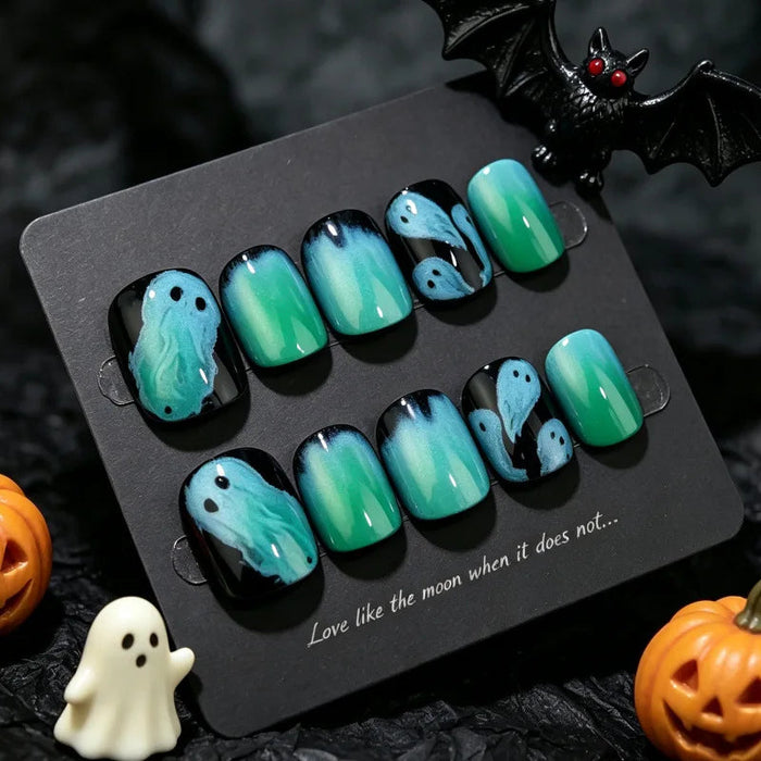 Black and Green Ghost Ombré Halloween Press On Nail Set