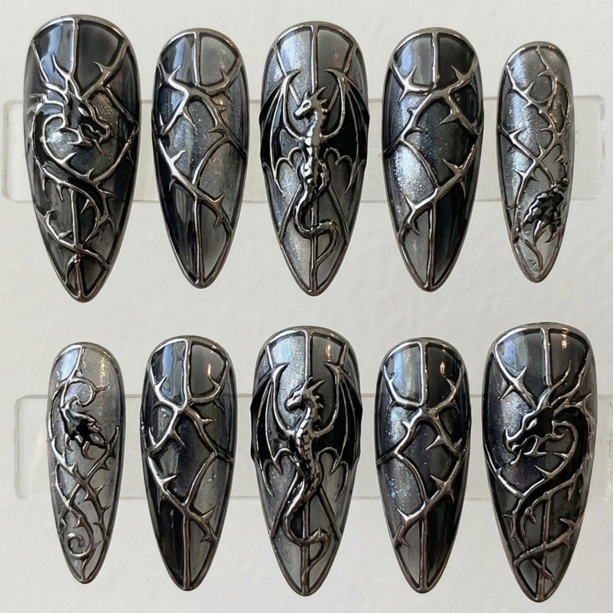 Black and Gunmetal Dragon Press On Nails with Raised Medieval Shield Details