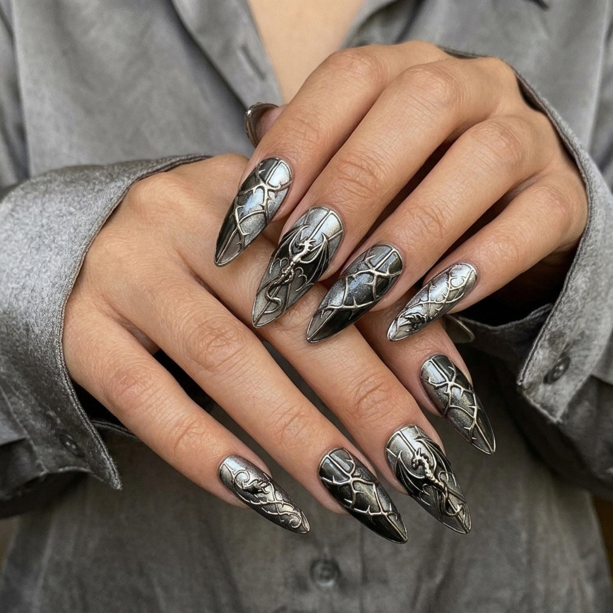Black and Gunmetal Dragon Press On Nails with Raised Medieval Shield Details