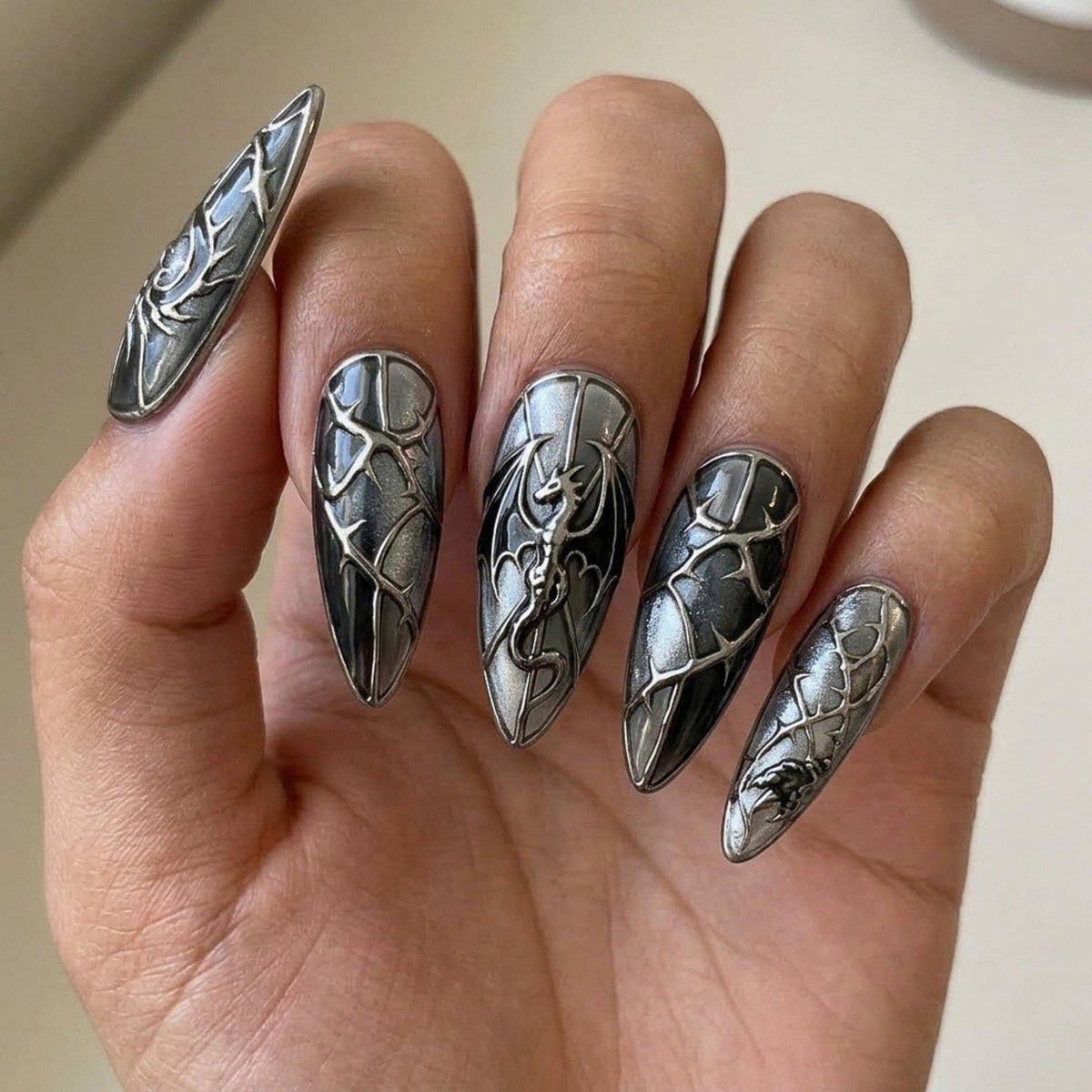 Black and Gunmetal Dragon Press On Nails with Raised Medieval Shield Details