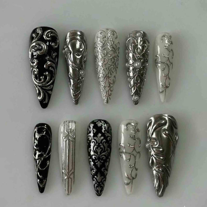 Black and Ivory Baroque Gothic Press On Nails With Chrome Silver Scroll Relief