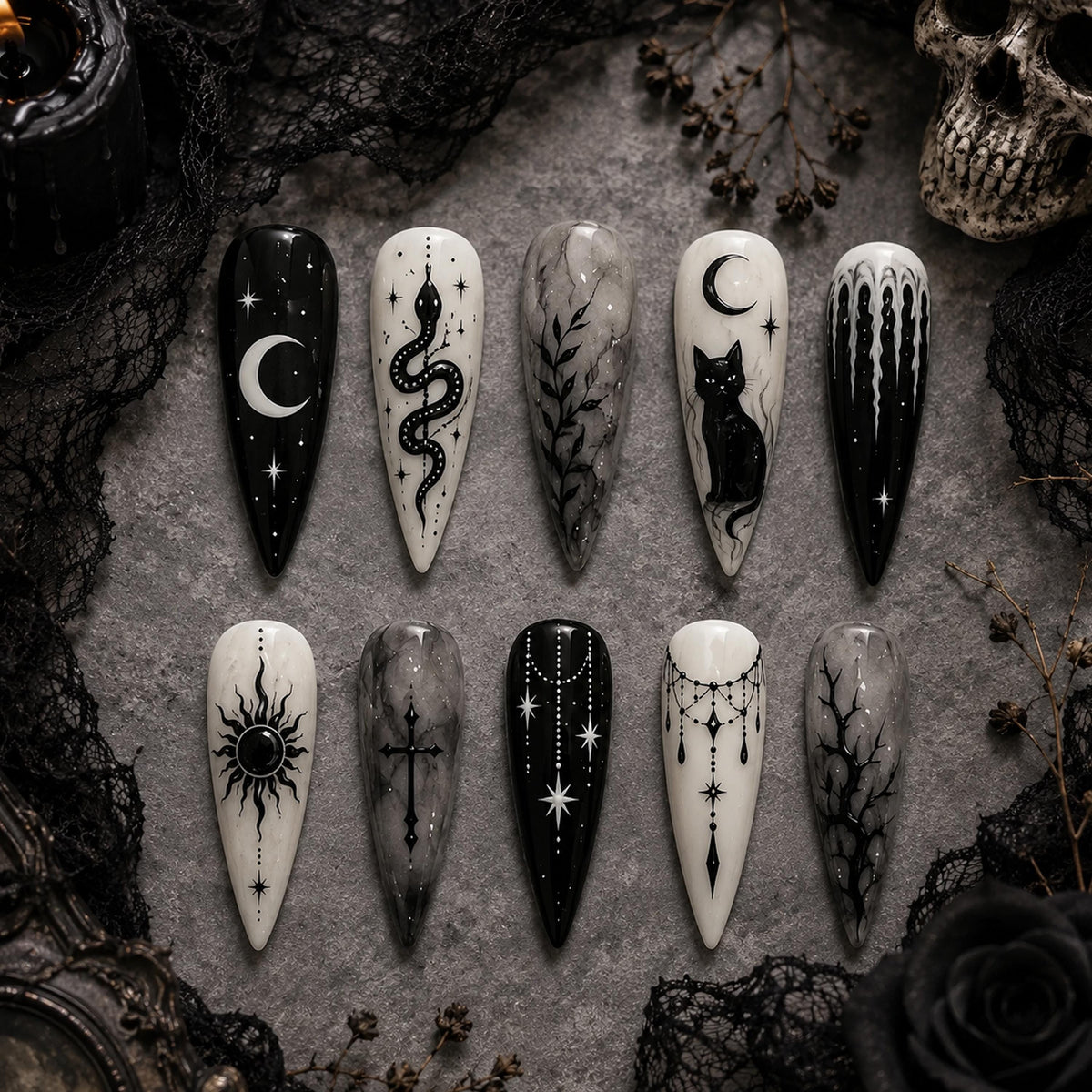 Black and Ivory Gothic Celestial Nails With Snake, Cat, and Smoky Marble