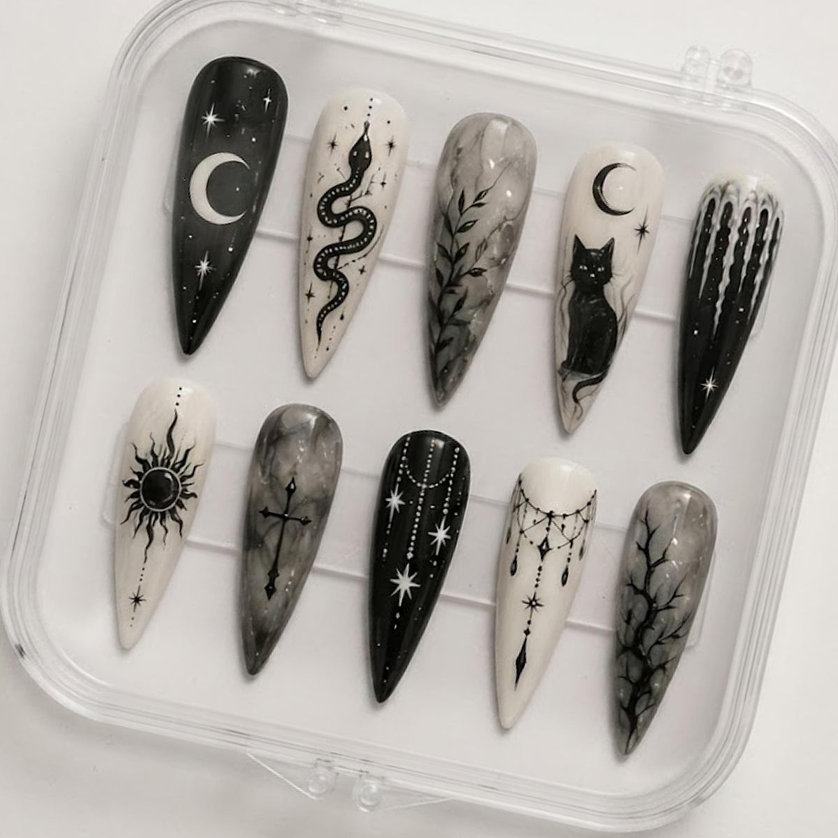 Black and Ivory Gothic Celestial Nails With Snake, Cat, and Smoky Marble