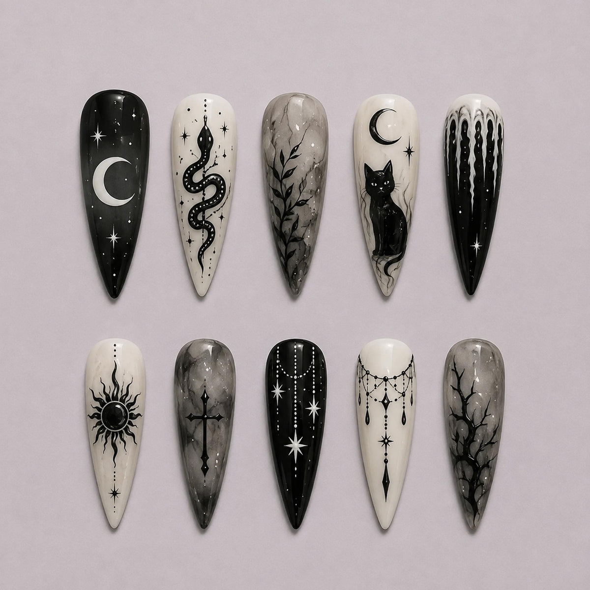 Black and Ivory Gothic Celestial Nails With Snake, Cat, and Smoky Marble