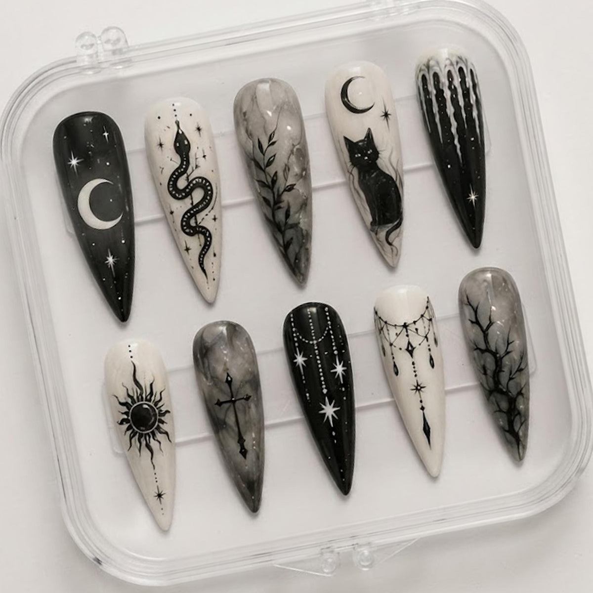 Black and Ivory Gothic Celestial Nails With Snake, Cat, and Smoky Marble